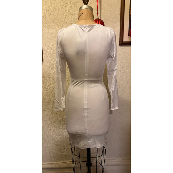 Sarin Mathews Deep V Neck Ruched Bodycon Long Sleeve Mini Dress White NWT Size S - Picture 7 of 9